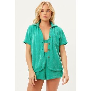 Frankies Bikinis Coco Sparkle Terry Button Up Shirt Mistletoe Green Large Beach
